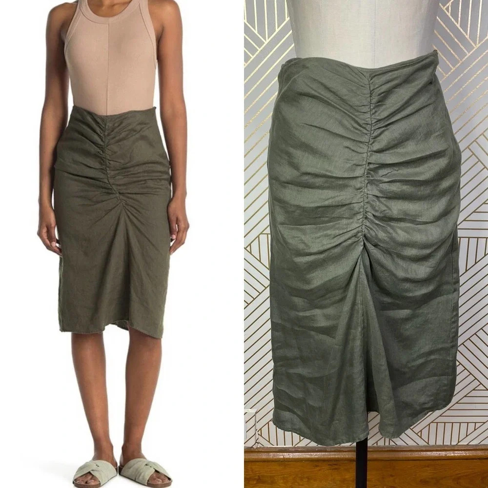 Stateside Linen Ruched Front Slit Skirt in Army Green Size US XS